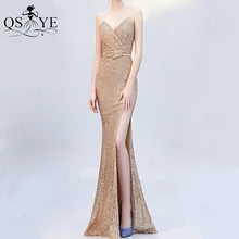 

Sparkle Golden Evening Dresses Shoulder Straps Cheap Prom Gown Sequin Long Party Dress Glitter Ruched V Neck Women Formal Gown E