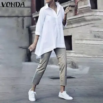 

VONDA Fashion Cotton Blouses Women Casual Turn Down Neck Solid Shirts Plus Size Bohemian Party Blusas Femme Women's Tunics