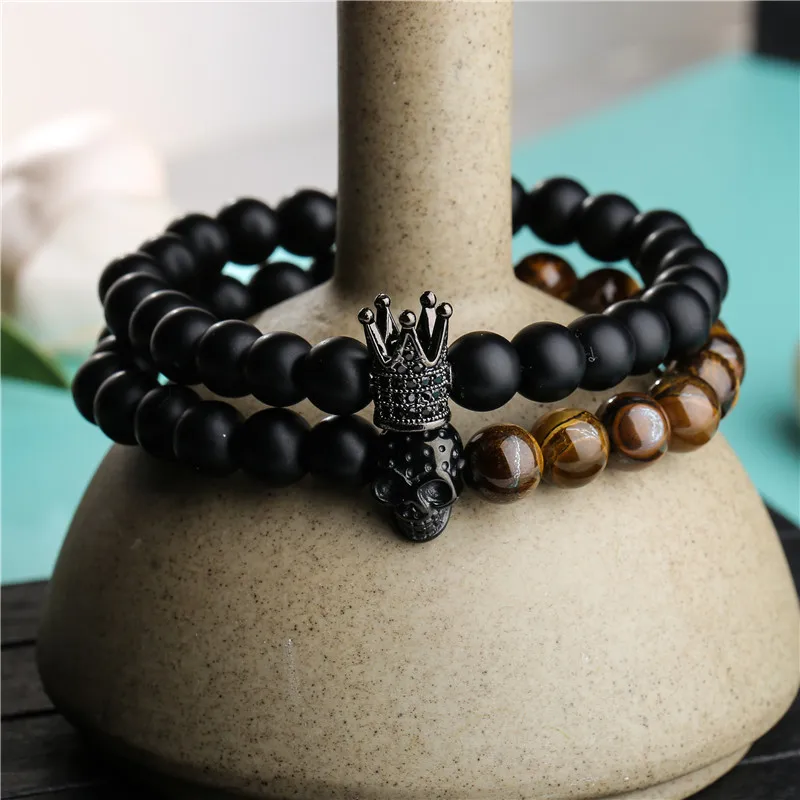 

Black Matte Onyx Tiger Eye Stone Beads CZ Crown Skull Bracelet Set Men Women Accessories Erkek Bileklik Jewelry Mens Bracelet