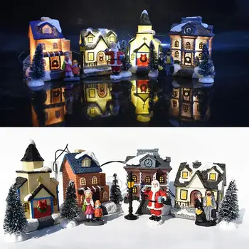 8 Stijlen Sneeuw Huizen Met Knipperende Led Licht Kerst Decoratie Voor Thuis Nieuwjaar Kids Gift Hars Kerst Scène Dorp
