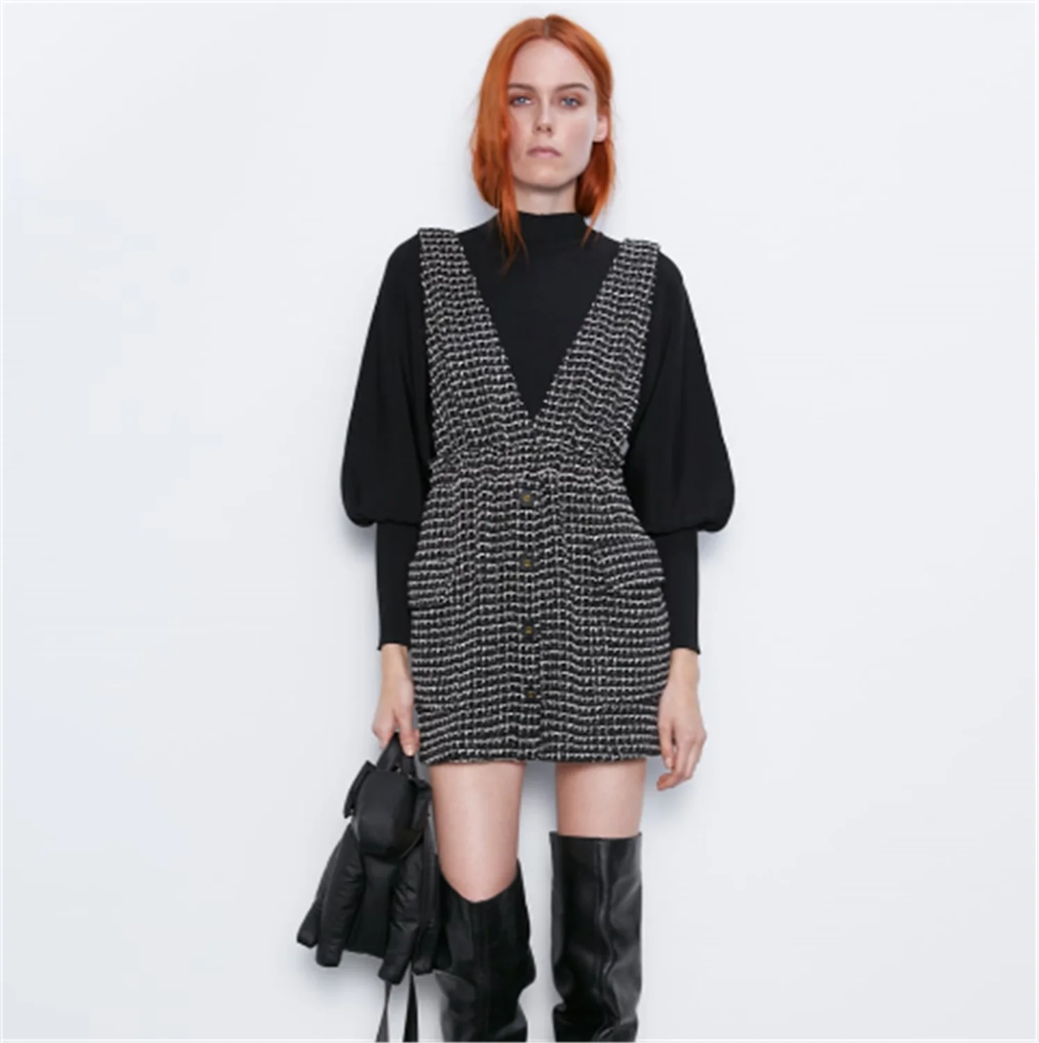

2019 ZA Women's Dress Fashion New Autumn Women's Pocket Texture Vest Dress Bohemian Sleeveless Deep V-neck Vest Dress Party