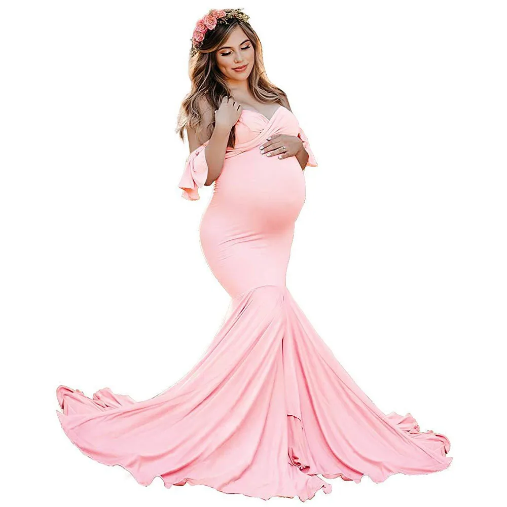 Shoulderless Maternity Dresses For Photo Shoot Sexy Ruffles Sleeve Pregnancy Dress New Maxi Gown Pregnant Women Photography Prop (5)