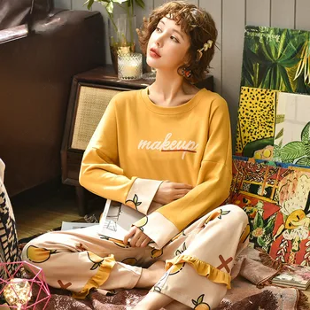 

Women pajamas sets loose casual housewear T shirt with long trousers cotton sleepwear pijama feminino