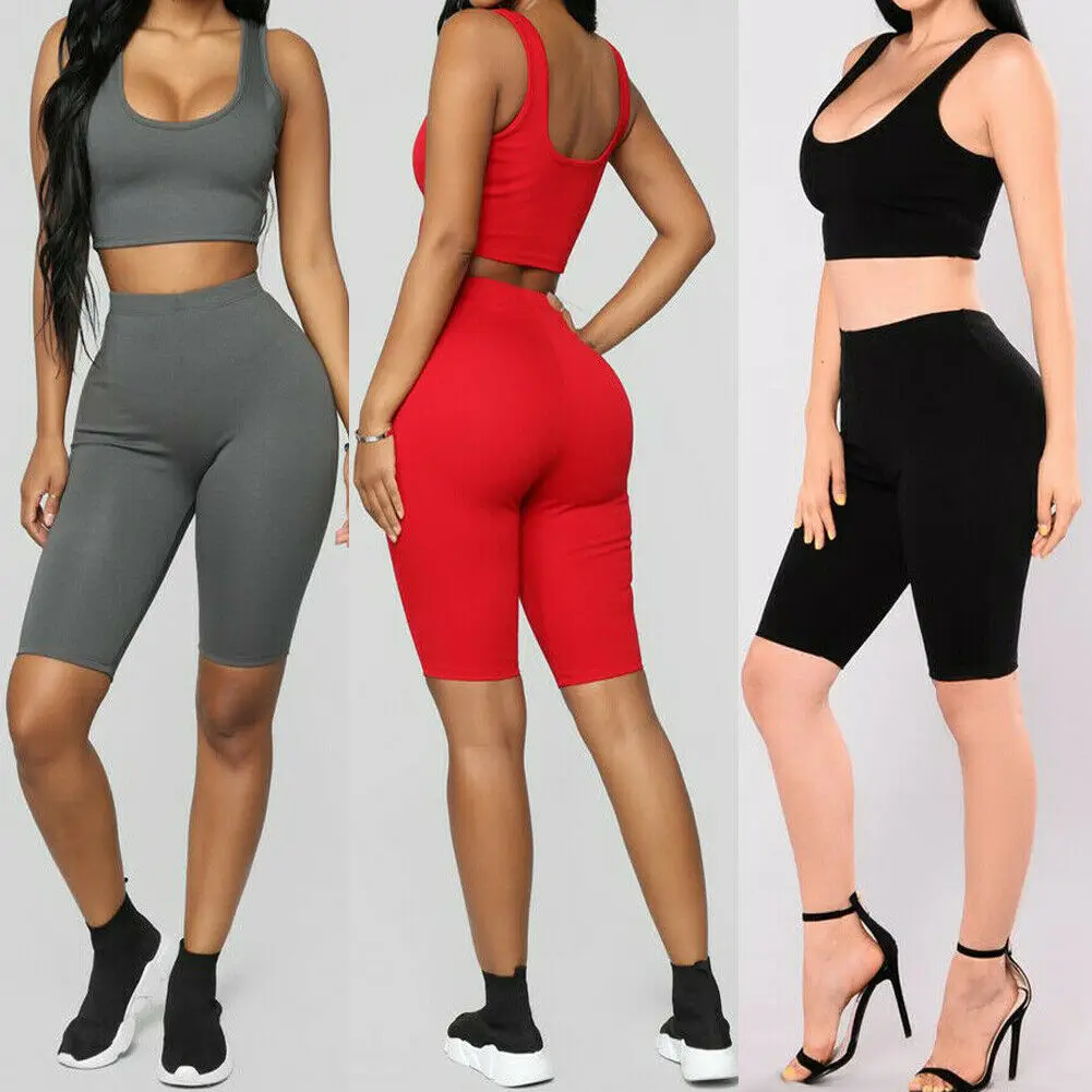 

Women Casual 2 Pieces Bodycon Outfit Female Solid Color Tank Top High Waisted Shorts Pants Sets 5 Colors