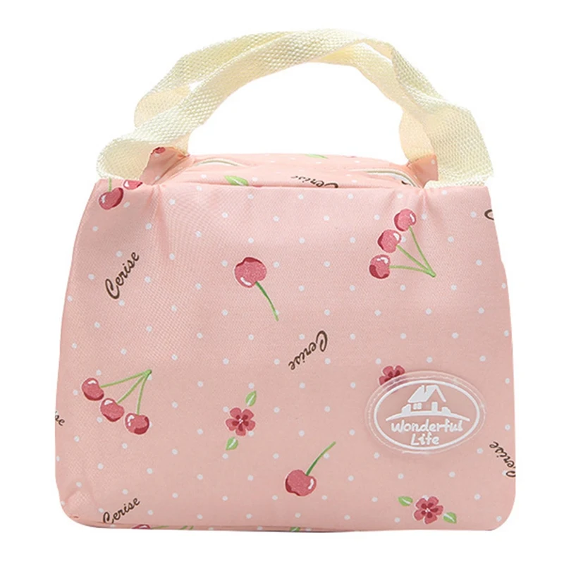 Fresh Insulation Cold Bales Thermal Oxford Lunch Bag Waterproof Convenient Leisure Bag Cute Cherry Wave Point Stripe Tote 1PC