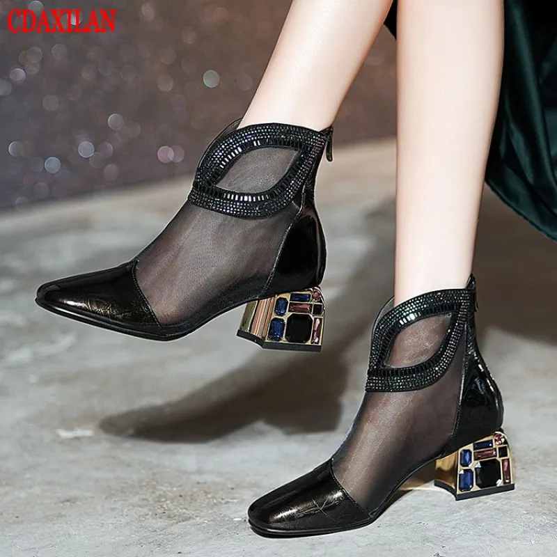CDAXILAN new to women's ankle boots Patent leather whit breathable mesh Mid-heels back zipper Martin boots for spring summer