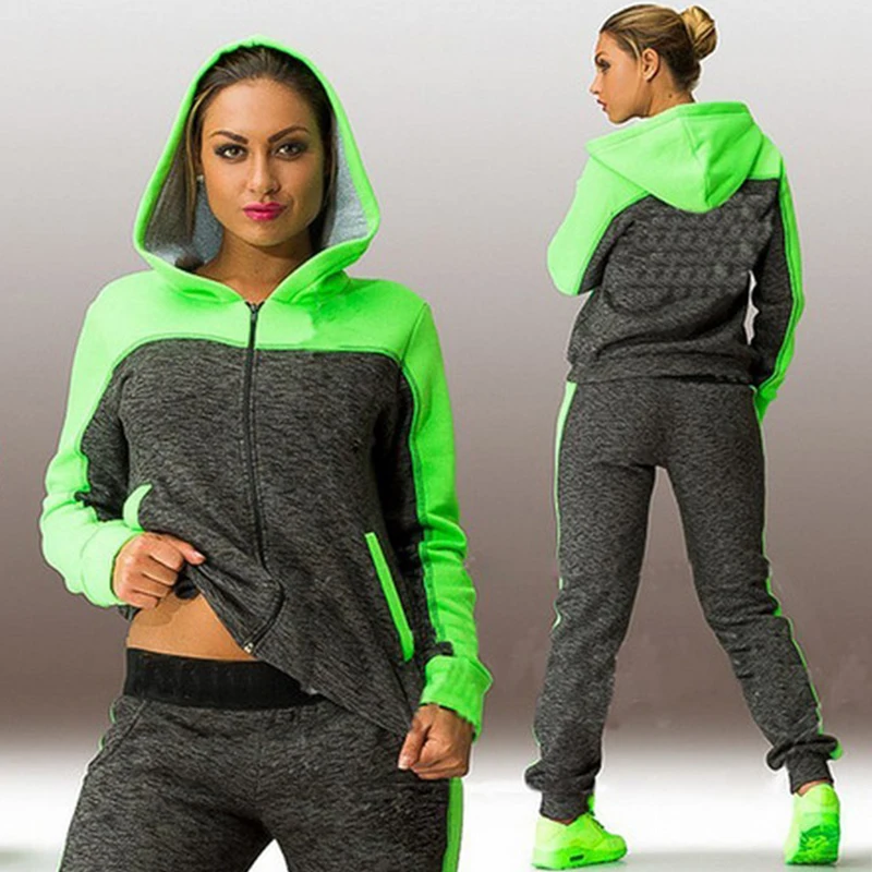 Two Pieces set Hoodies Coat and Pants Women Set Zipper Up Patchwork Casual Sportswear Autumn Women clothing Sports Tracksuit tweed two piece set