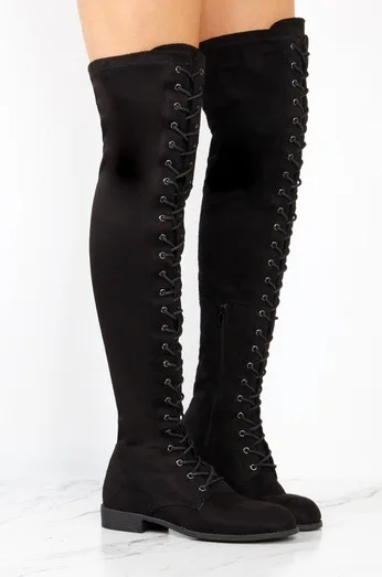Женские ботфорты выше колена; женские сапоги до бедра на шнуровке; женские ковбойские сапоги на квадратном каблуке с боковой молнией; Размеры 35-43; WSH3444 - Цвет: Черный