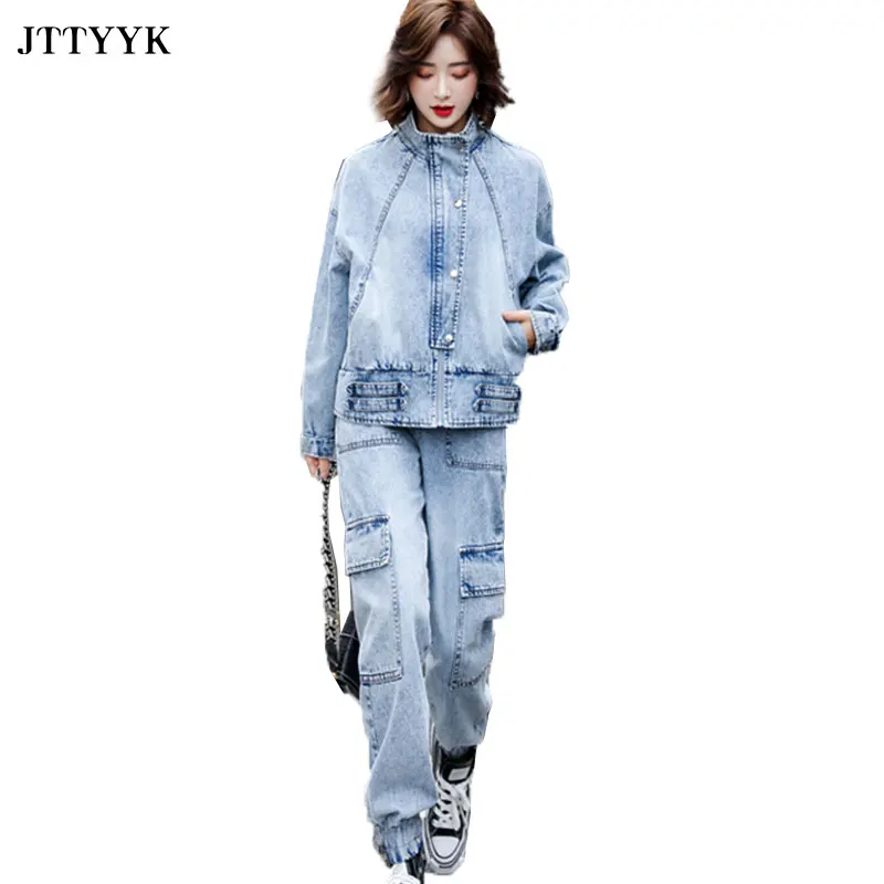 

2020 Casual Jeans Suit Women Denim Two Pieces Set Long Sleeve Jeans Top&Long Pants Tracksuit Outfits High Qualit Plus Size Set