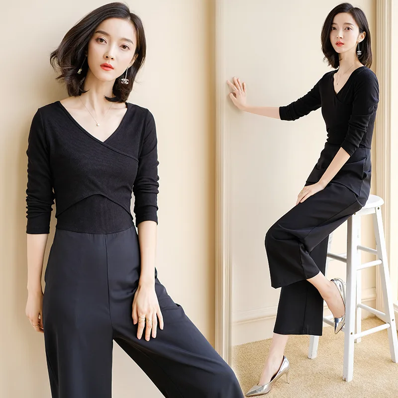 

Scheming Sense of Design 2019 Spring New Style V-neck Knit Joint Wide-Leg Onesie