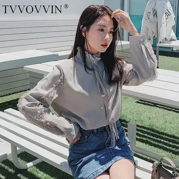 

TVVOVVIN 2020 Spring New Shirt Long-sleeve Lace Solid Casual Patchwork Fashion Single-breasted Stand Loose Streetwear A308