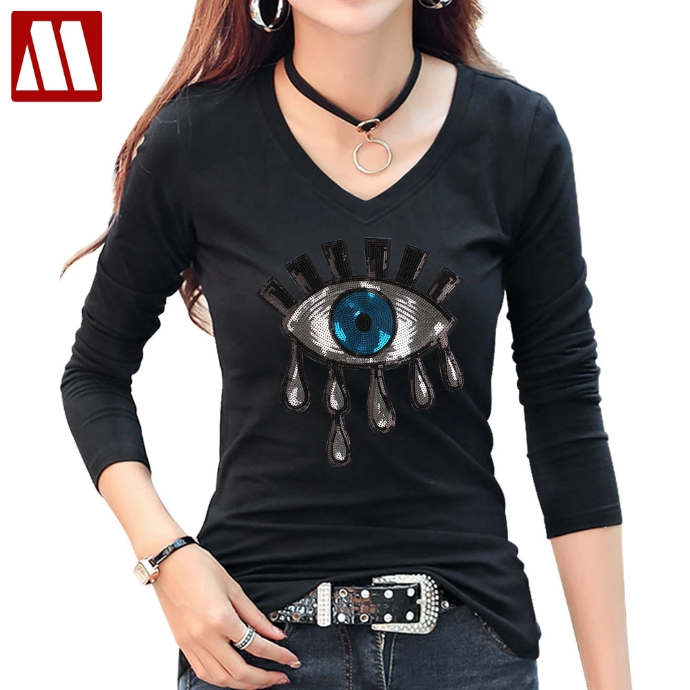 

2019 New Fashion Summer Cotton Women Tears T Shirts Ladies Big Eyes Embroidery Sequins Loose Style T Shirts Women Casual Tops