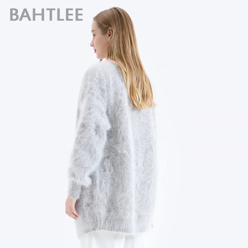 US $98.00 BAHTLEE Winter Women Knitted Cardigans Sweater With Pocket  Wool Angora Coat Jumper Long Sleeves VNeck Patchwork