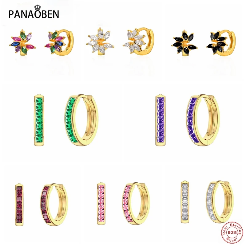 PANAOBEN 925 Sterling Silver Huggie Earring Purple/Pink/Red Zircon Hoop Earrings for Women Piercing Pendientes Brincos Jewerly | Украшения