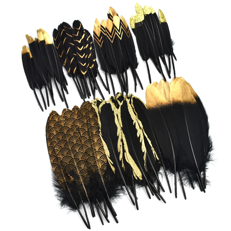 20Pcs Gold Dipped Black Goose Feathers for Decoration Golden Duck Feather  Handicraft Accessories Table Centerpieces DIY Plumas