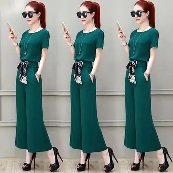 

2 Pieces Office Lady Elegant Sets Summer Women Casual Suits Short Sleeve Fashion Solid Color Tops Width Leg Pants Female Sets