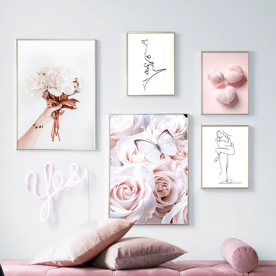 Pink-Rose-Butterfly-Flower-Swan-Line-Art-Wall-Art-Canvas-Painting-Nordic-Posters-And-Prints-Wall (1)