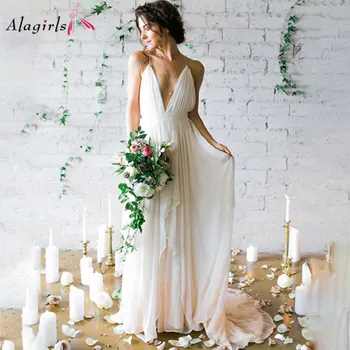 

Deep V-neck Boho Wedding Dress Backless Simple Wedding Dress Sexy Spaghetti Straps Bridal Gown Ruched Long Train 2020