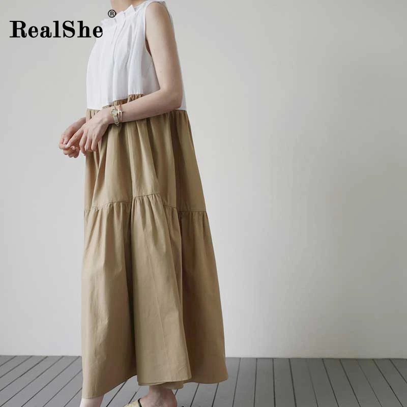 

RealShe Ladies Summer Dress O-Neck Sleeveless Patchwork Women Maxi Dress A-Line Women Dress Elegant Loose Ladies Dresses 2019