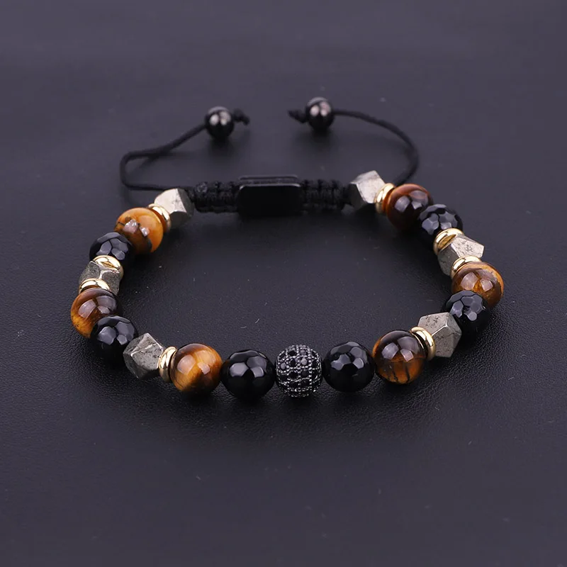 New Design Brown Tiger Eye Black Onyx Cubic Zironia Ball Beaded Macrame Adjustable Bracelet Men Jewelry Gift - Image 5