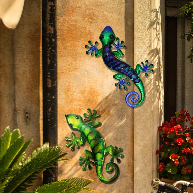 2pcs Metal Gecko Wall Art with Green Glass Painting for Garden Outdoor Decoration Animal Statues and Sculptures Brother 6