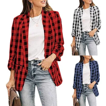 

Vintage Stylish Office Open Front Plaid Jacket Coat Women 2020 Fashion Lapel Collar Long Sleeve Loose Outerwear Cardigan Jacket