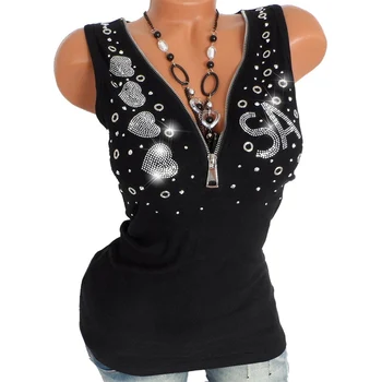 

Women Tops V-neck Diamond T shirt Sleeveless Camis Pullover Zipper Tops Ladies 2020 Summer Casual Streetwear Women T-shirts