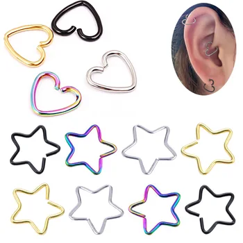 

2Pcs Heart/Star Shaped Fake Tragus Piercings Hoop Helix Cartilage Tragus Daith Ear Studs Lip Nose Rings Piercing Jewelry