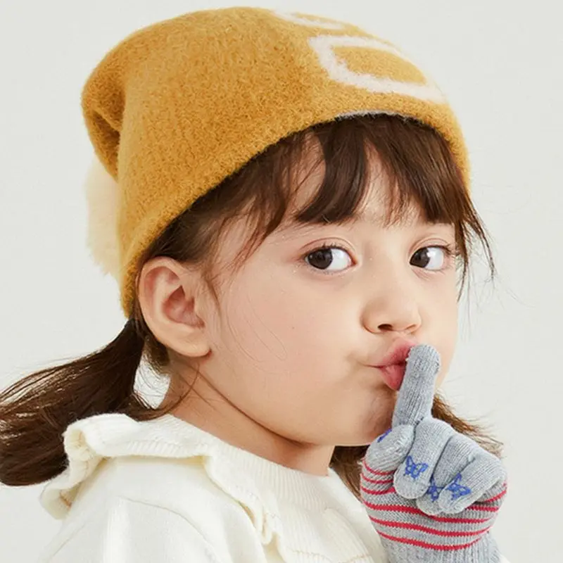 

2 In 1 Multifunction Kids Winter Knit Hat Scarf Fluffy Pompom Letters Beanie Cap