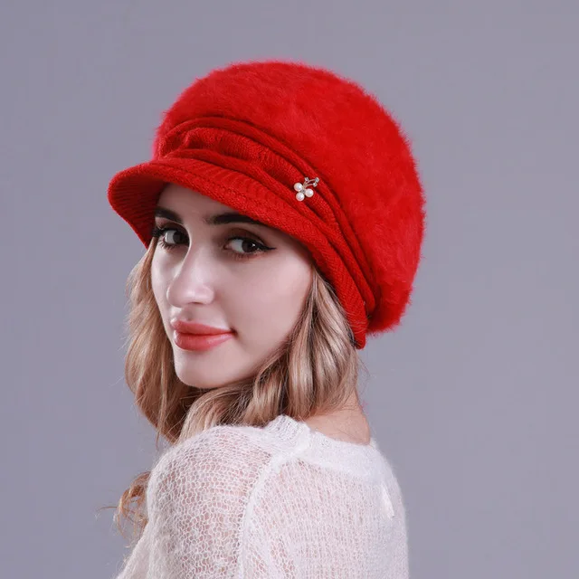 Red НОВАЯ шапка из кроличьего меха, женская вязаная шапка с утиным язычком, мягкие теплые береты, осенне-зимние наушники с полями - Color: Red