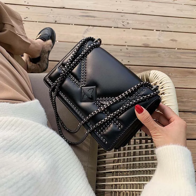 

Small Rivets PU Leather Crossbody Bags For Women 2020 Quality Lady Shoulder Messenger Bag Female Luxury Chain Handbags