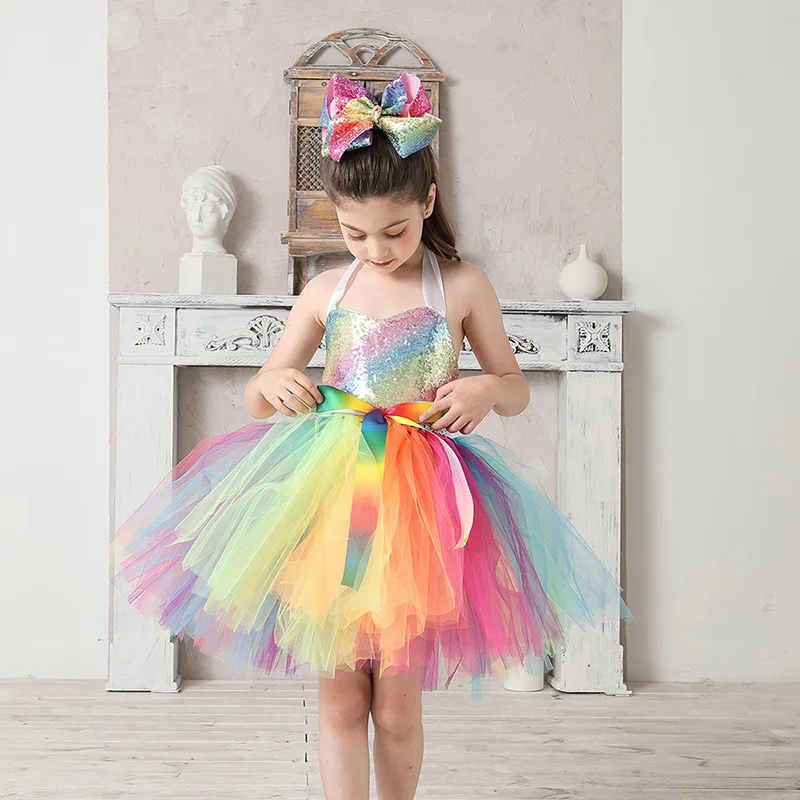 Rainbow Sequins Girl Princess Tutu Dress Kids Wedding Birthday Party Pageant Tulle Dresses Vestidos Children Bow Clothing (4)