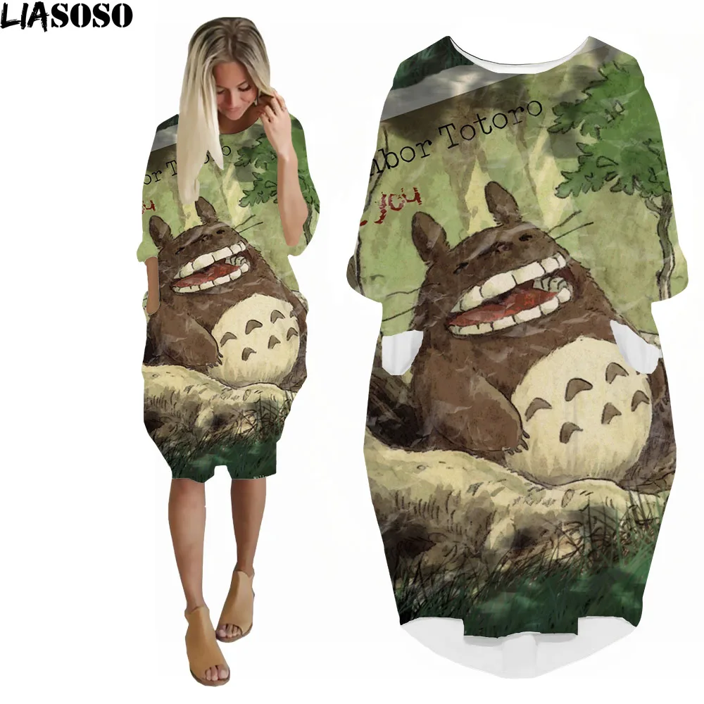 LIASOSO Anime Totoro Dress 3D Printing Girls Street Interesting Fashion Trend Wild Loose Long Sleeve Over The Knee Dress Womens