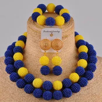 

royal blue and yellow nigerian wedding african beads jewelry set simulated pearl women costume necklace african set FZZ99