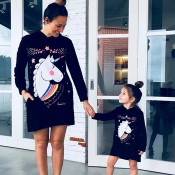 

2020 Mother Daughter Unicorn Print Sweatshirts Family Matching Clothes Outerwear Mom And Daughter Clothes Black Unicorno Dress