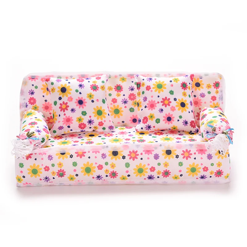 

1Set Mini Doll house Furniture Flower Cloth Sofa Couch With 2 Full Cushions For Doll House Toys Hot Selling