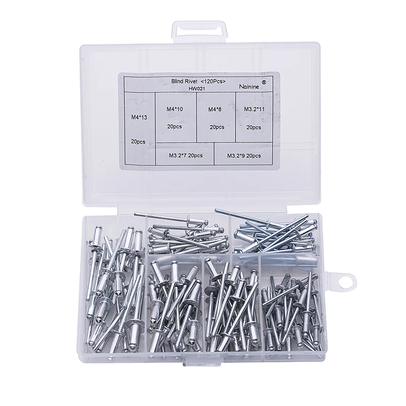 

120Pcs/Box M3.2*7/9/11 M4*8/10/13 GB12618 Aluminium Blind Rivets Nail Decoration Pop Rivets For Furniture Assortment Kit