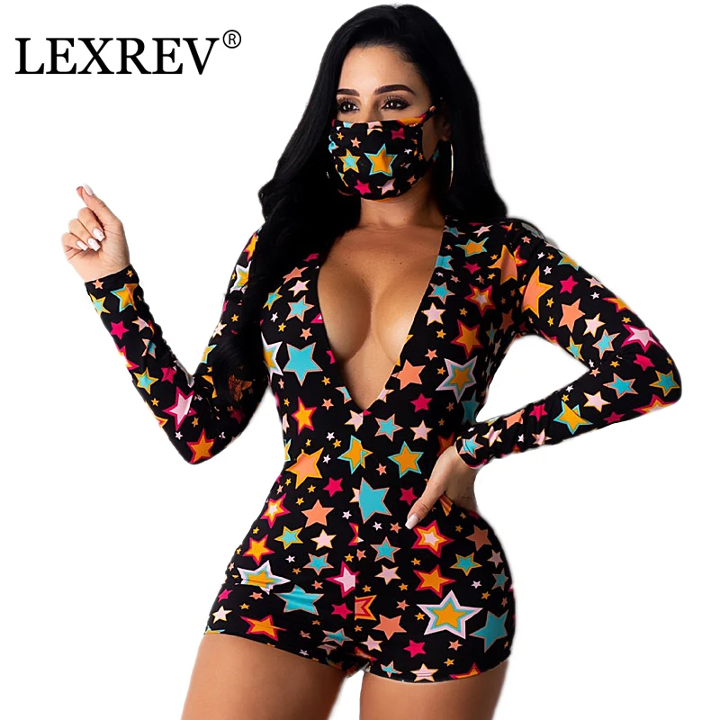 Sexy Women Stars Print Bodycon Sleepwear Jumpsuit Button Bodysuit Shorts Romper Bodysuit Leotard Long Sleeve Bodysuit With Mask Sexy Women Stars Print Bodycon Sleepwear Jumpsuit Button Bodysuit Shorts Romper Bodysuit Leotard Long Sleeve Bodysuit With Mask