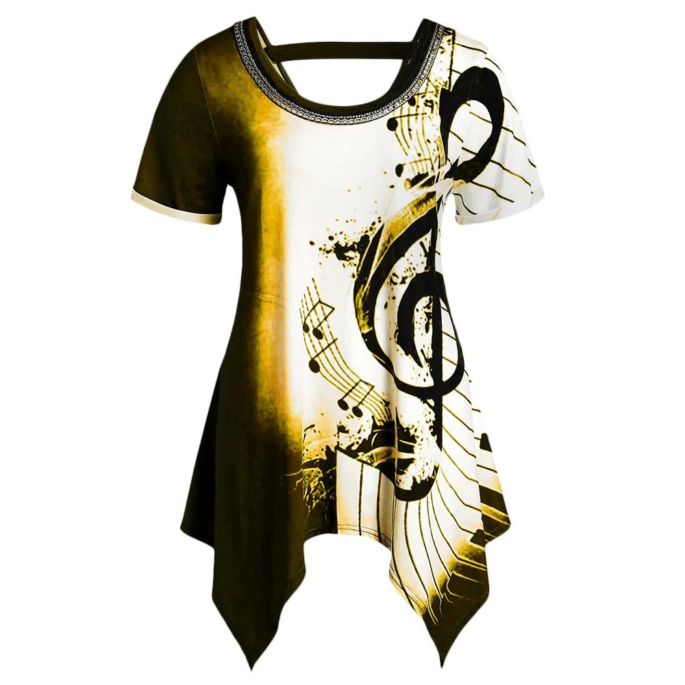  5XL Large Size Asymmetrical T-Shirt Women Musical Notes Print Chains Tshirt Embellished Tees Casual