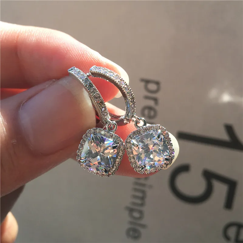 Fashion Female Pink Blue Zircon Stone Earrings Elegant Square Hoop Earrings For Women 925 Sterling Silver Wedding Earrings - Metal Color: White