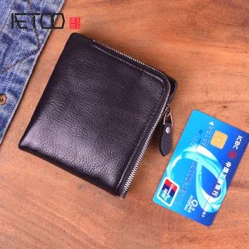 

AETOO Leather Mini zipper Short wallet, male and female square head cowhide Small zero wallet, simple money clip