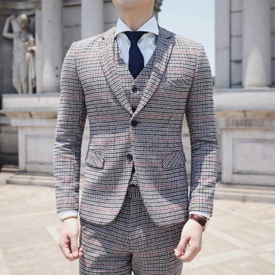 

2020 New British Retro Fine Lattice Slim Men's Suit Suit Fashion Men's Self-cultivation Business Casual Gentleman Groom Suit
