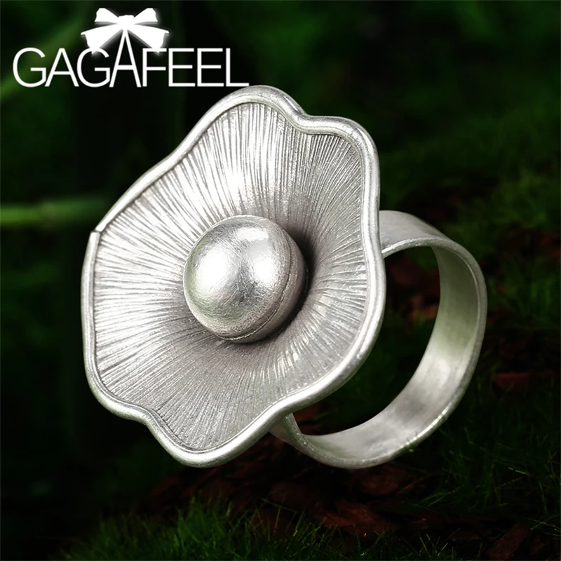

GAGAFEEL Vintage Flower Ring For Women Handmade S925 Sterling Silver Jewelry Elegant Thai Silver Flower Open Rings
