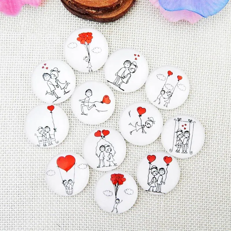 

20pcs 8-25mm Couples Heart Balloons Cartoon Pattern Glass Cabochon Patch for DIY Jewelry Making Home deco Findings Accessories