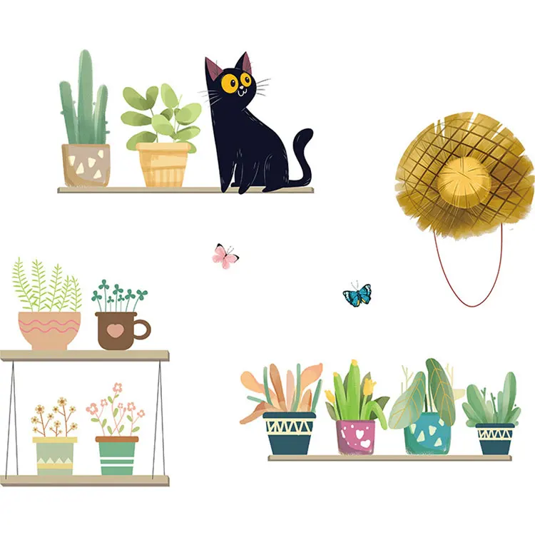 Cute Kitten flower pot wall stickers living room bedroom home wall decoration art mural stickers combination removable wallpaper