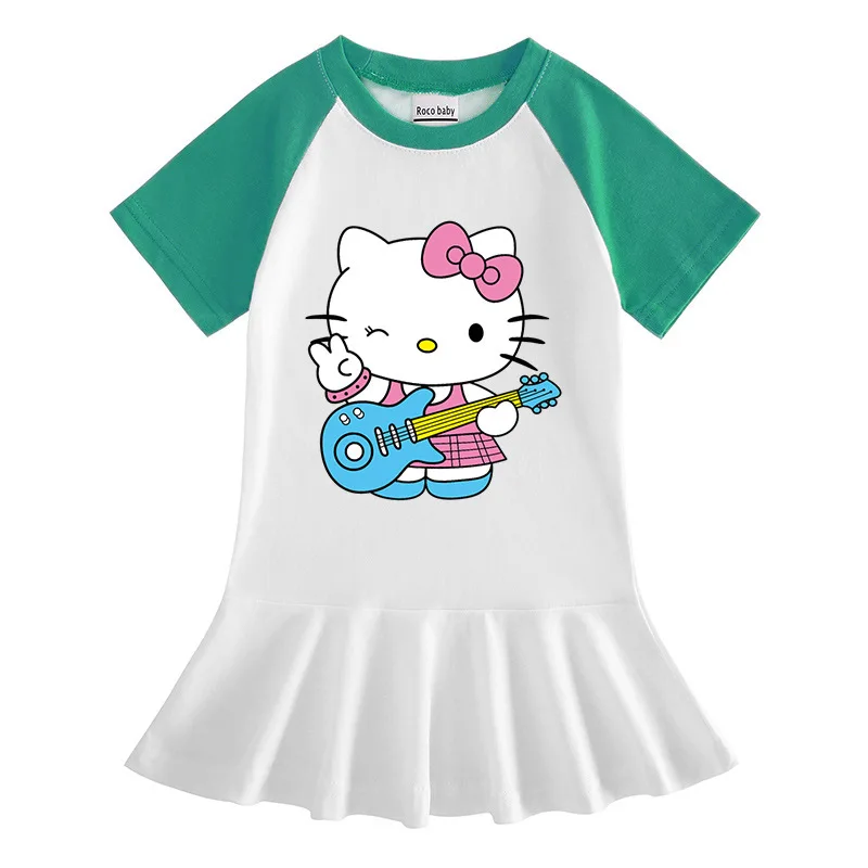 Hello Kitty ropa de dibujos animados para niños vestido de algodón de media manga niñas bebé Casual Color a juego Falda plisada de manga corta