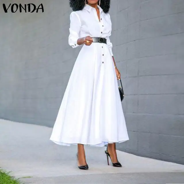 Loose Long Sleeve Shirt Dress 2021 VONDA Fashion Womens Vintage Solid Color Dresses OL Office Sexy Split Party Long Vestidos 5XL 4