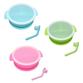

FBIL-Children's Sucker Complementary Food Bowl Silicone Compartment with Straw Bowl Training Tableware Set Portable
