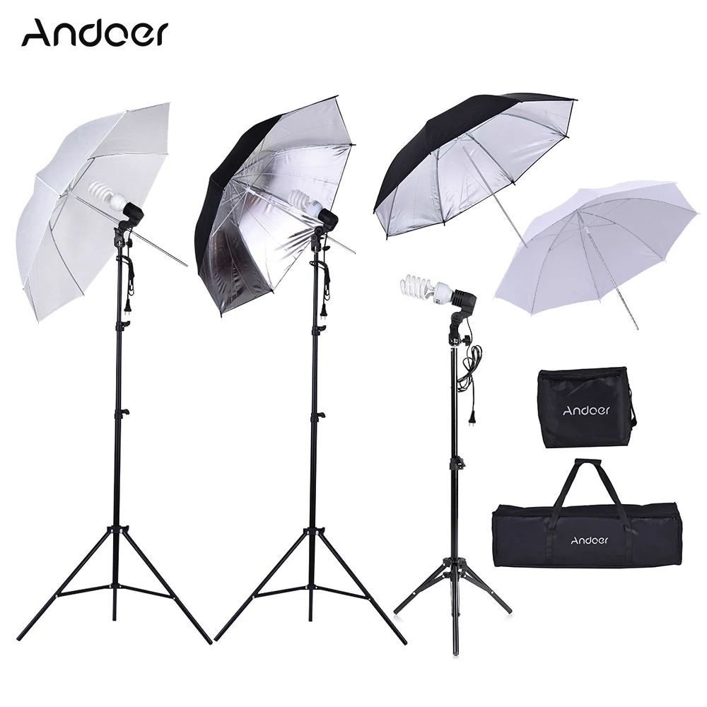 

Andoer Photo Studio Kit 2m/80cm Light Stand + 45W Bulb + Soft Umbrellas + Bulb Swivel Sockets w/ Bulb Storage Bag + Carrying Bag