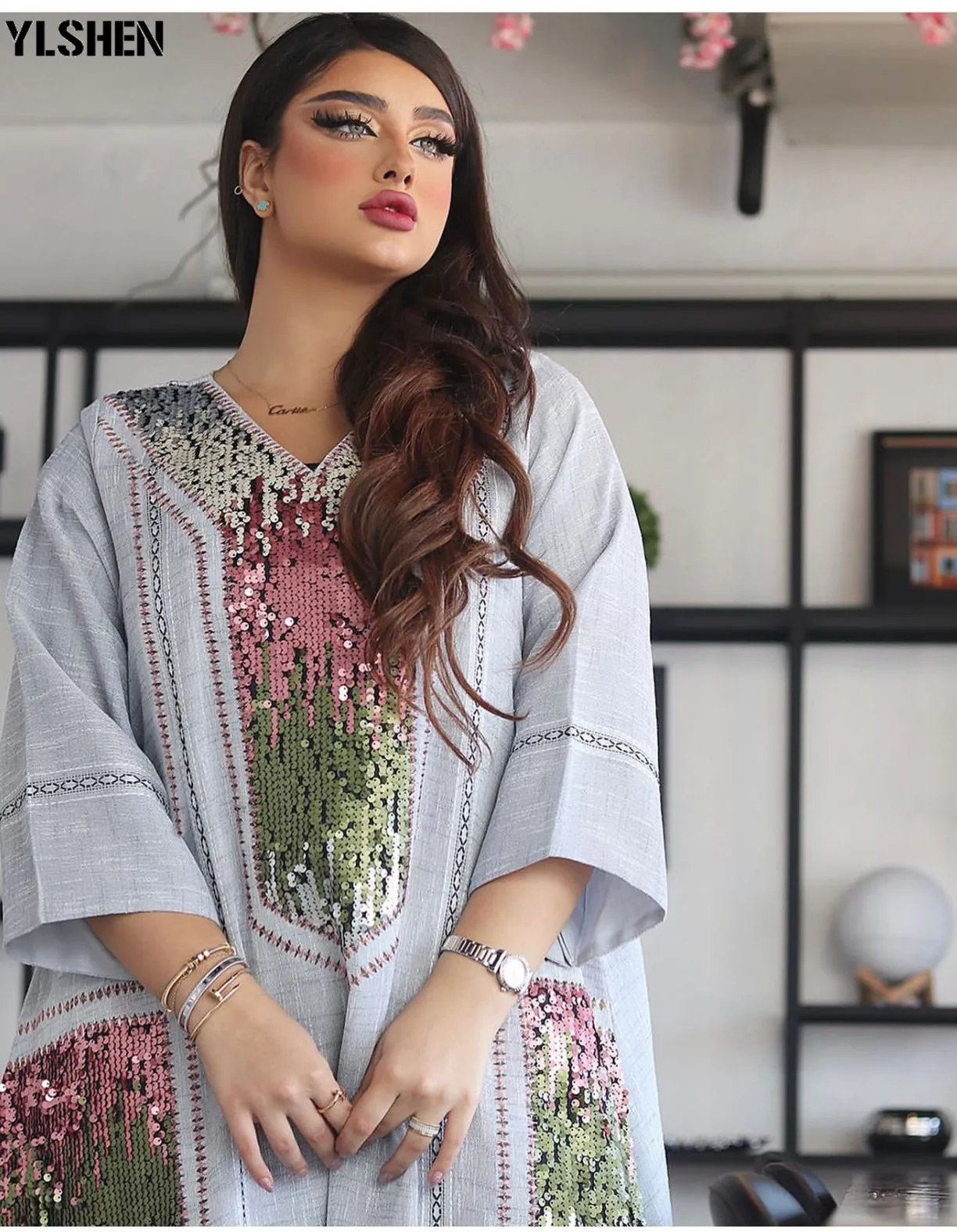 

Muslim Abaya Dubai Dress Kaftan Sequins African Dresses Women Casual Eid Ramadan Robe Femme Hiver 2021 Plus Size Turkey Boubou